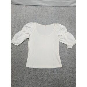 Free People Small Ribbed Puff Sleeve Lace Blouse Boho Romantic Cottagecore